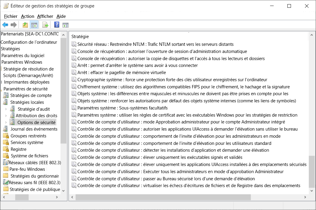 A screenshot of the Security Options node in Group Policy Management Editor. The User Account Control values are displayed.