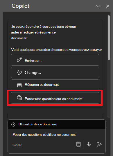 Capture d’écran du volet Copilot dans Word lors de la première ouverture.