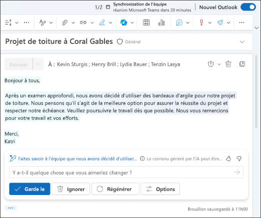 Capture d’écran d’un brouillon d’e-mail généré pavec Copilot dans Outlook.