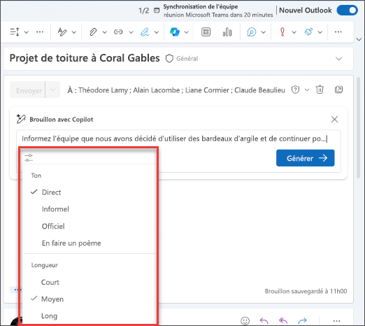 Capture d’écran des options disponibles pour personnaliser votre brouillon avec Copilot dans Outlook.