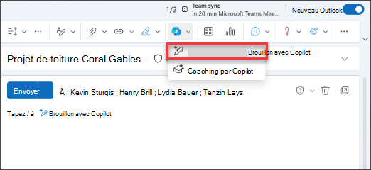 Capture d’écran de l’icône Copilot dans la barre d’outils Outlook.