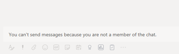 Screenshot showing what happens when a user tries to send messages to a group chat after Teams removed them from the group.