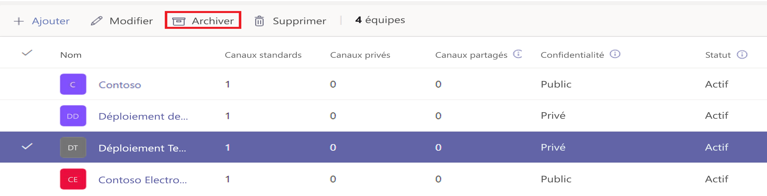  Capture d’écran de l’archivage d’une équipe.