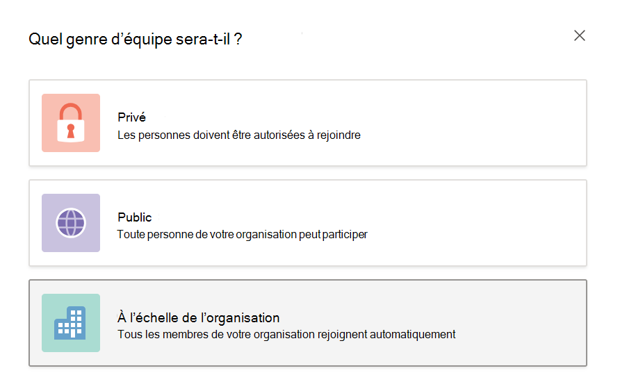 Capture d’écran de la création d’une équipe à l’échelle de l’organisation.