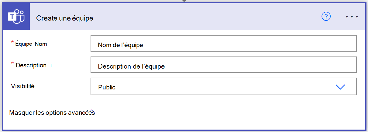 Capture d’écran de la création d’une action d’équipe dans power automate.