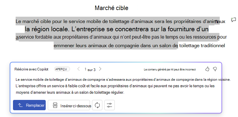 Capture d’écran de Copilot dans Word avec suggestions et options de réécriture de texte.