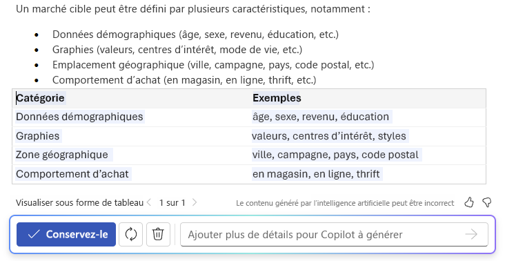 Capture d’écran de Copilot dans Word montrant la fonctionnalité de modification de texte en table.