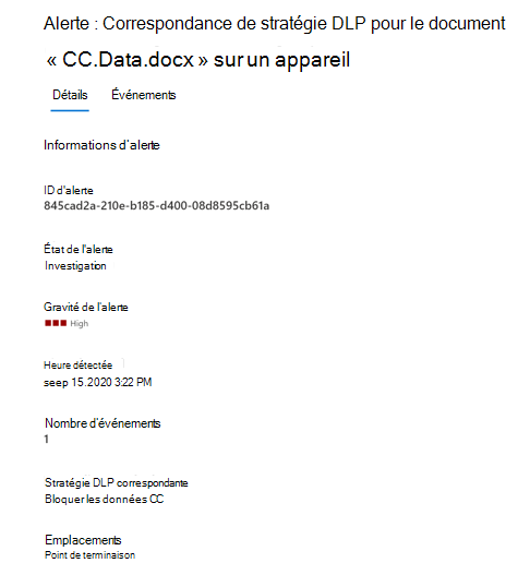 Screenshot of the D L P Alerts Management dashboard showing the Details tab for an alert.