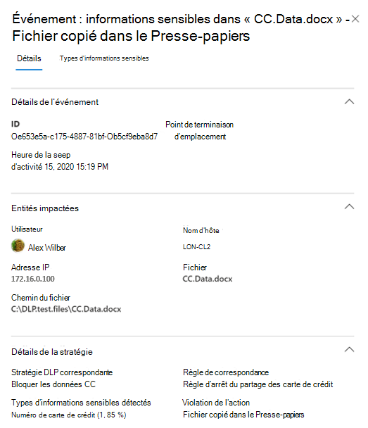 Screenshot of the D L P Alerts Management dashboard showing the Details tab for an event related to an alert.
