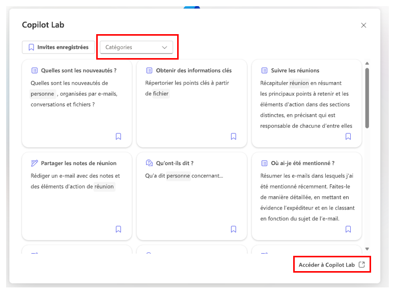 Capture d’écran montrant la fenêtre Copilot Labs avec les options Catégorie et Accéder à Copilot Lab mises en évidence.