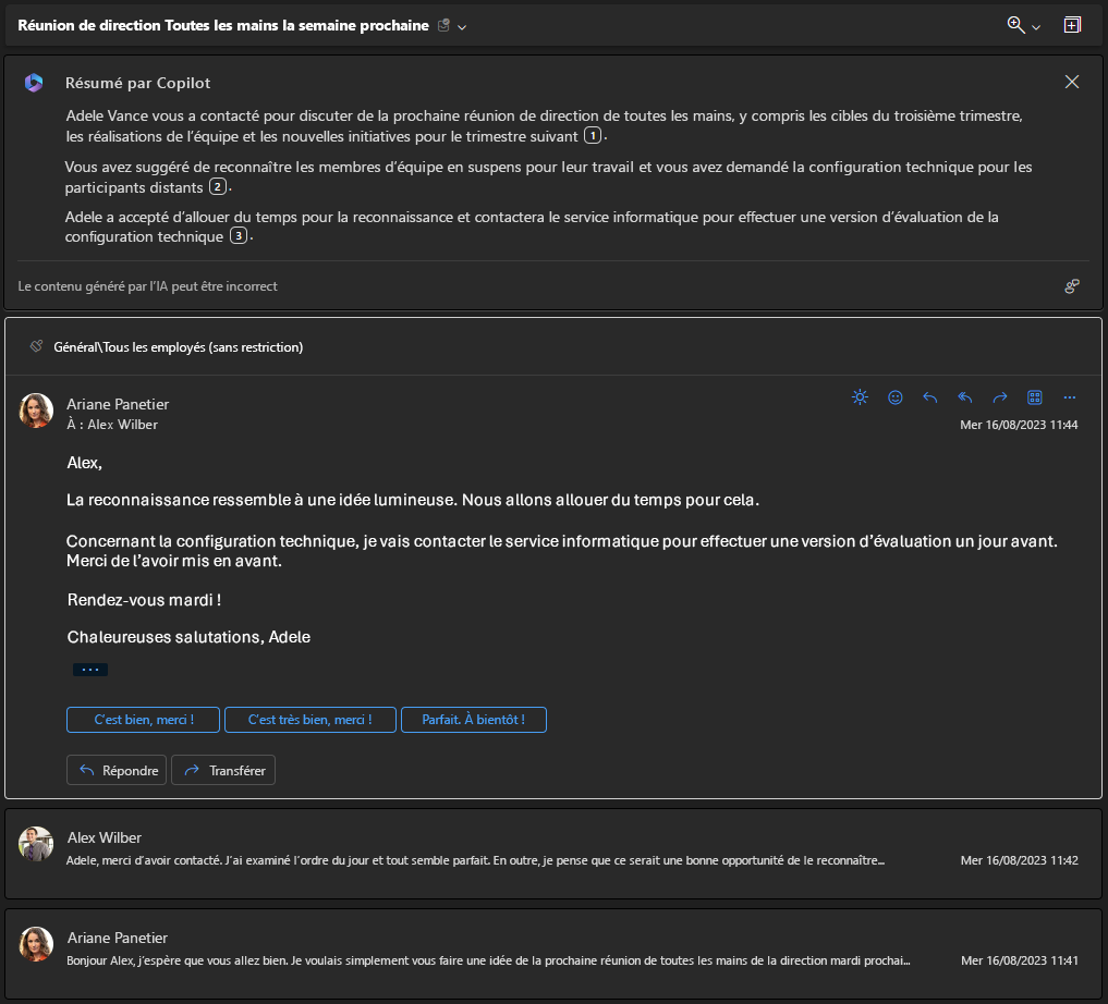Capture d’écran montrant le résumé de la conversation dans le volet de lecture d’Outlook.