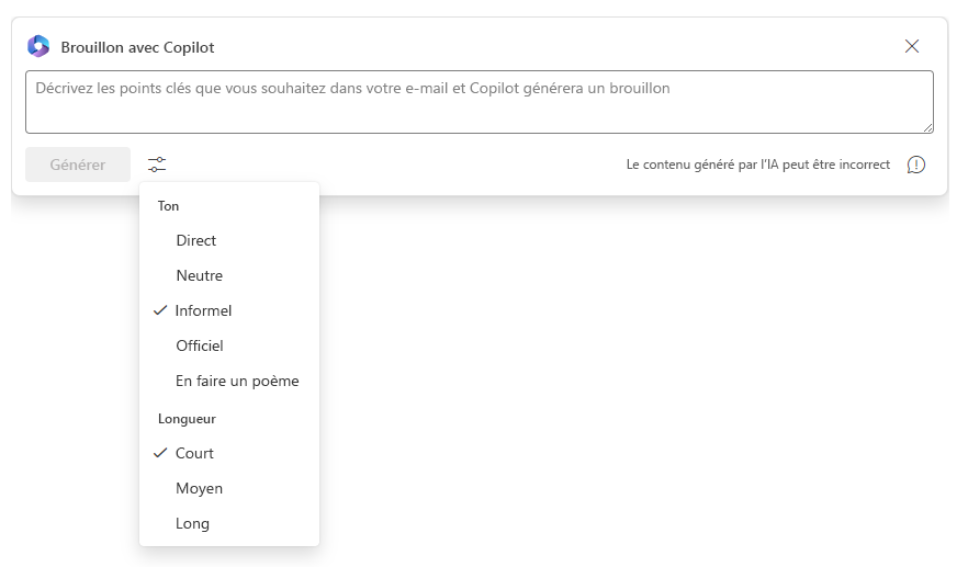 Capture d’écran montrant les ajustements de ton et de longueur pour « Brouillon avec Copilot ».