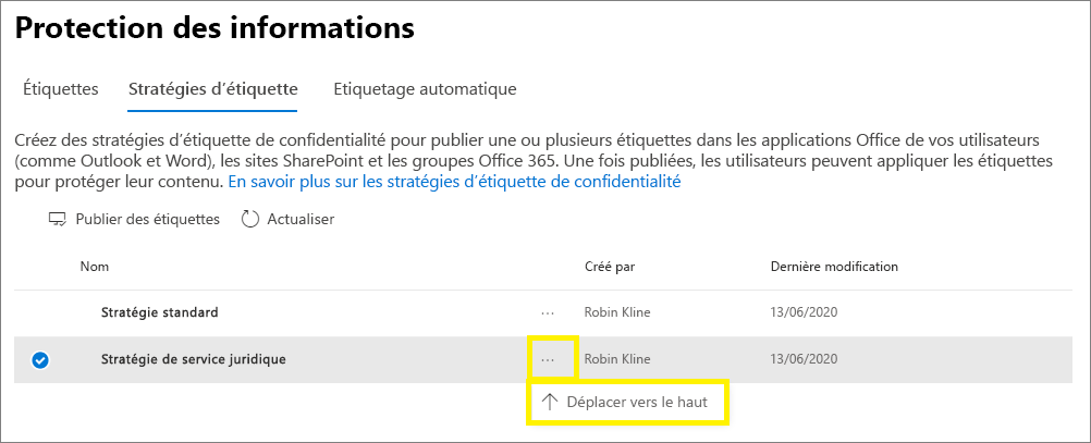 Capture d’écran montrant la fenêtre de priorité de stratégie avec l’option permettant de déplacer les stratégies vers le haut ou vers le bas.