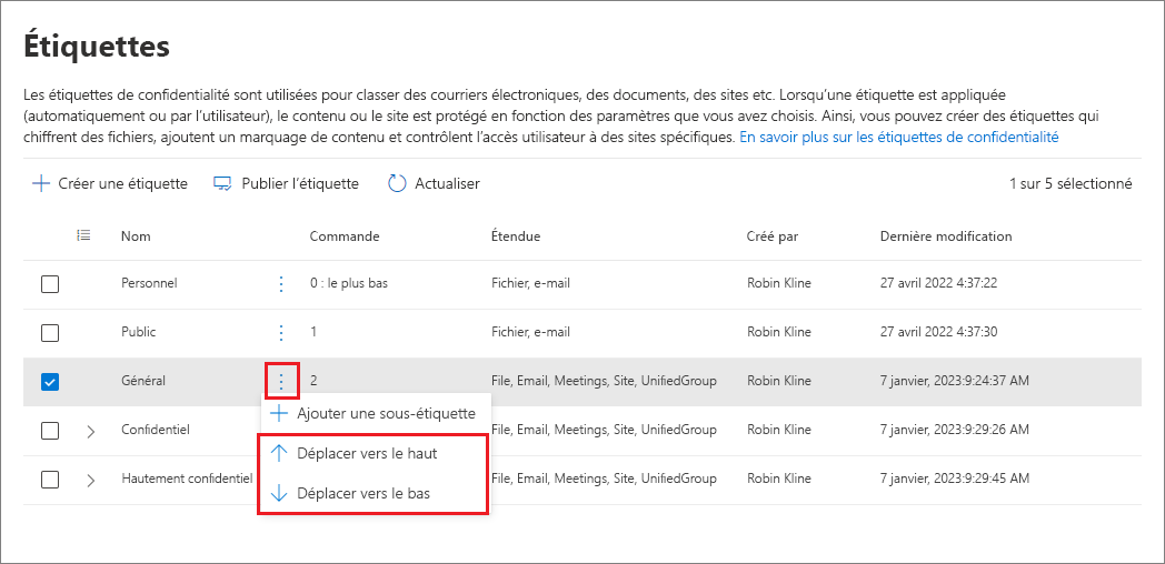 Capture d’écran de la fenêtre Étiquettes montrant les options permettant de déplacer les étiquettes vers le haut ou vers le bas par ordre de priorité.