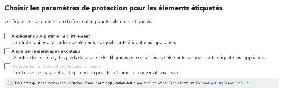 Capture d’écran montrant la fenêtre paramètres d’étiquette de confidentialité avec des paramètres indisponibles.