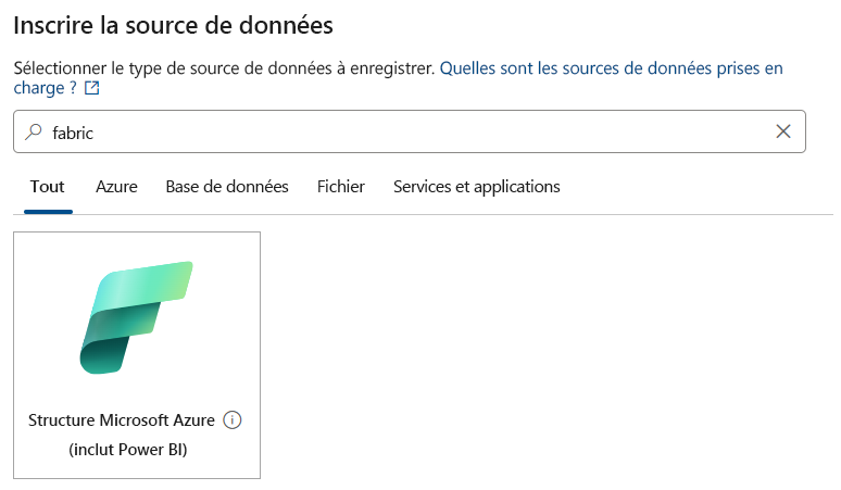 Capture d’écran montrant comment sélectionner Fabric comme source de données dans Purview.