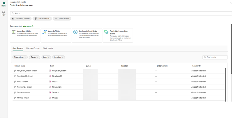 Capture d’écran de la sélection d’événements de flux de données dans Data Activator.