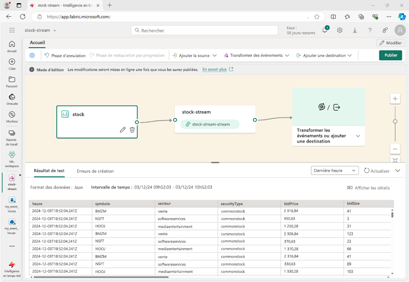 Capture d’écran d’un flux d’événements dans Microsoft Fabric.