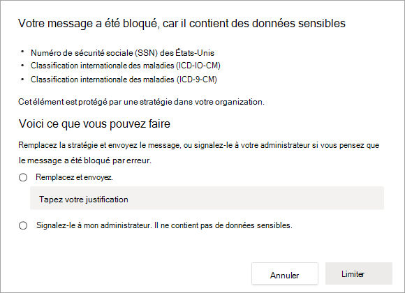 Capture d'écran des options pour résoudre le message bloqué.