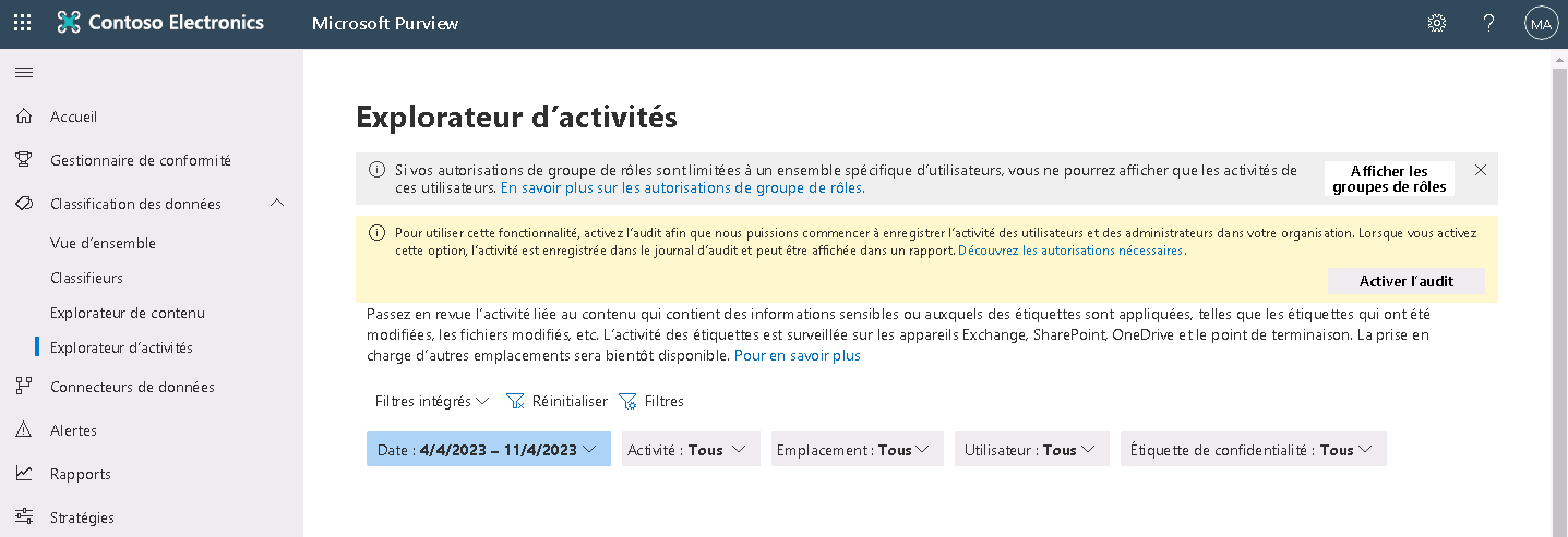 Capture d’écran montrant la page Explorateur d’activités dans le portail de conformité Microsoft Purview.