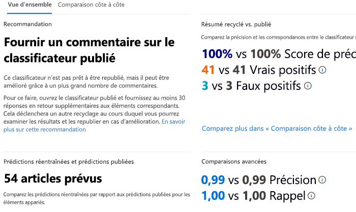 Capture d'écran de l'onglet Aperçu du réentraînement montrant le retour d'information sur un classificateur de données une fois que le système a terminé le réentraînement du classificateur.