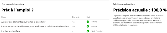 Capture d'écran de la page de l'élément de révision qui indique que le classificateur est prêt à être utilisé.