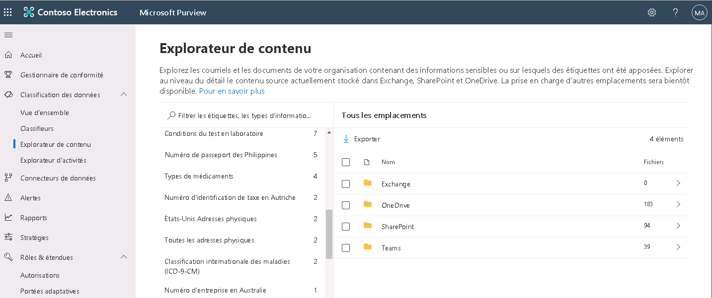 Capture d’écran montrant la page Explorateur de contenus dans le portail de conformité Microsoft Purview.