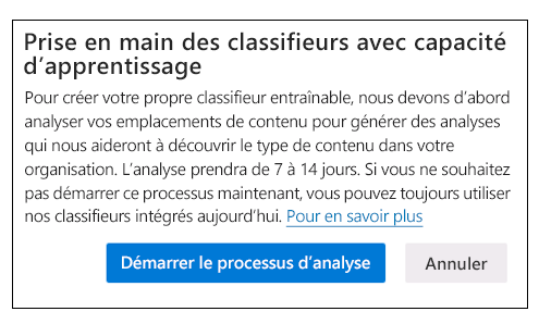 Capture d’écran de la boîte de dialogue qui s’affiche la première fois que vous accédez à la page des classifieurs de formation dans le portail de conformité Microsoft Purview.