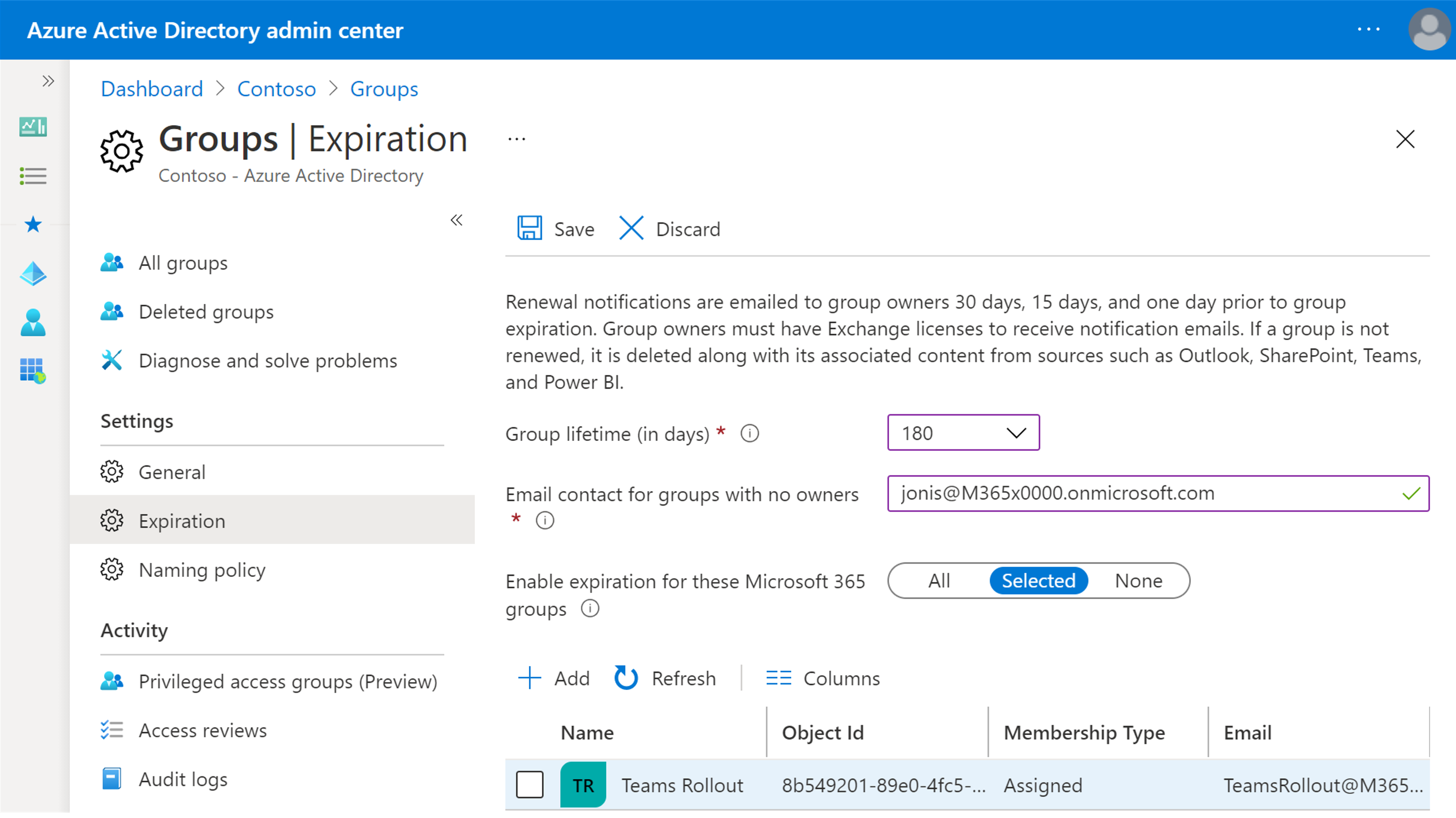 Capture d’écran de la stratégie d’expiration dans l’ID Microsoft Entra.