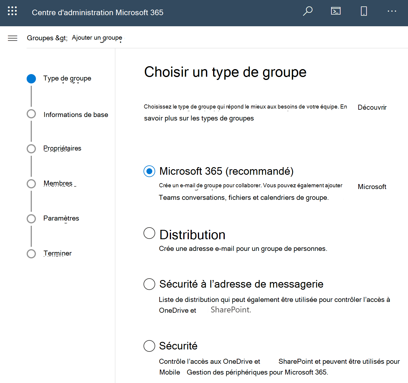 Capture d’écran de La création d’un groupe Microsoft 365.