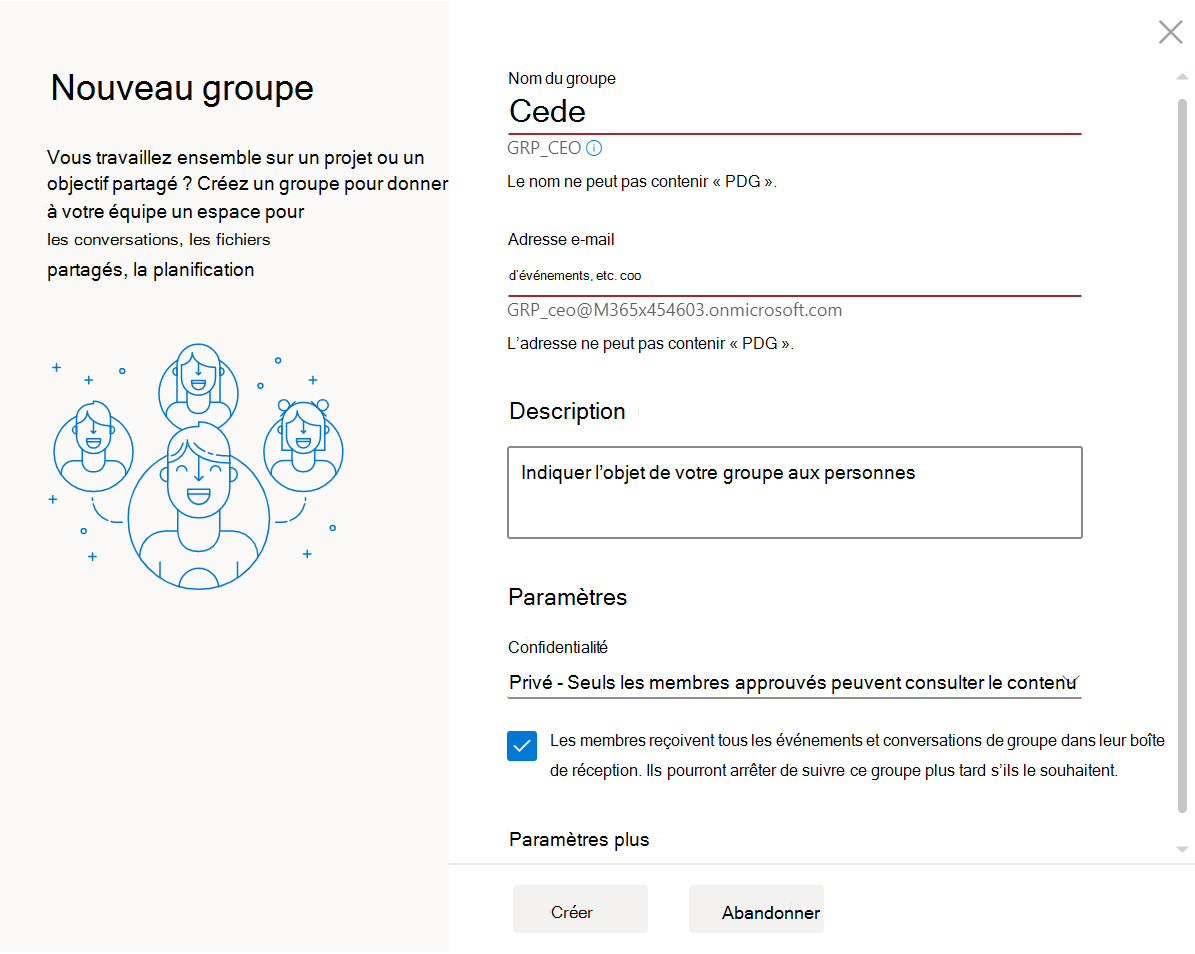 Capture d’écran de l’avertissement relatif aux mots bloqués d’OWA.