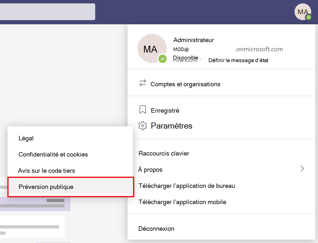 Capture d’écran de l’option de préversion publique dans le client Teams.