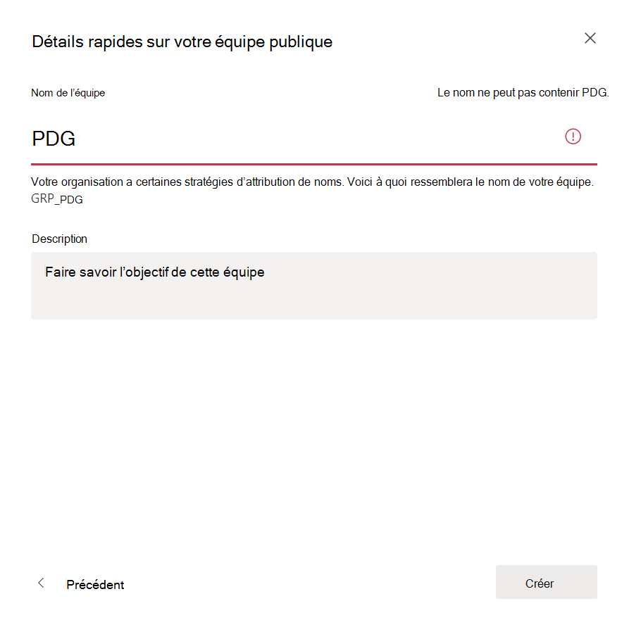 Capture d’écran de l’avertissement relatif aux mots bloqués de Teams.