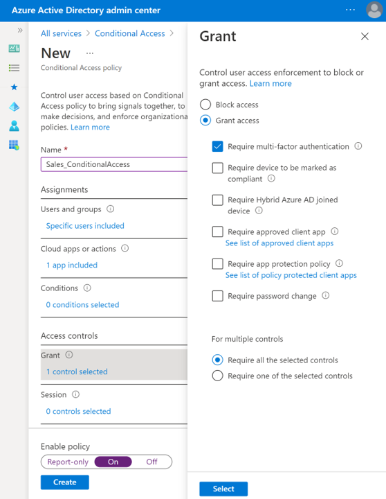 Capture d’écran de la configuration M F A dans une stratégie d’accès conditionnel.