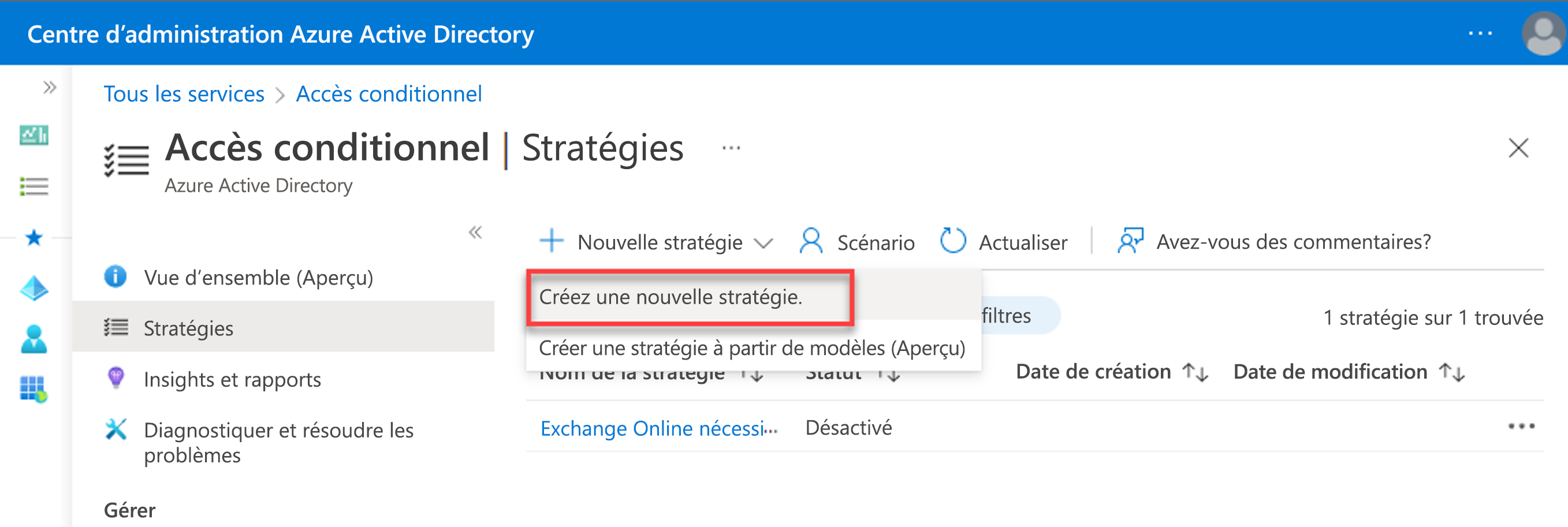 Capture d’écran de la création d’une stratégie d’accès conditionnel à partir du Centre d’administration Azure AD.