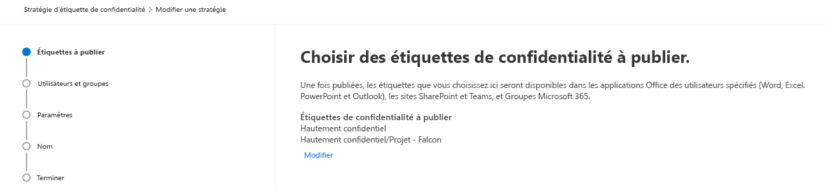 Capture d’écran de la fenêtre Choisir les étiquettes de confidentialité à publier dans l’assistant Modification de stratégie.