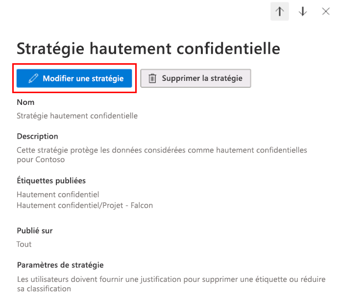 Capture d’écran du volet d’informations d’une stratégie d’étiquette de confidentialité avec le bouton Modifier la stratégie mis en surbrillance.