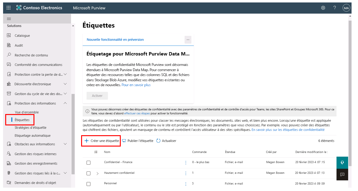 Capture d’écran du menu Protection des informations montrant la page Étiquettes et l’option Créer une étiquette mise en évidence.