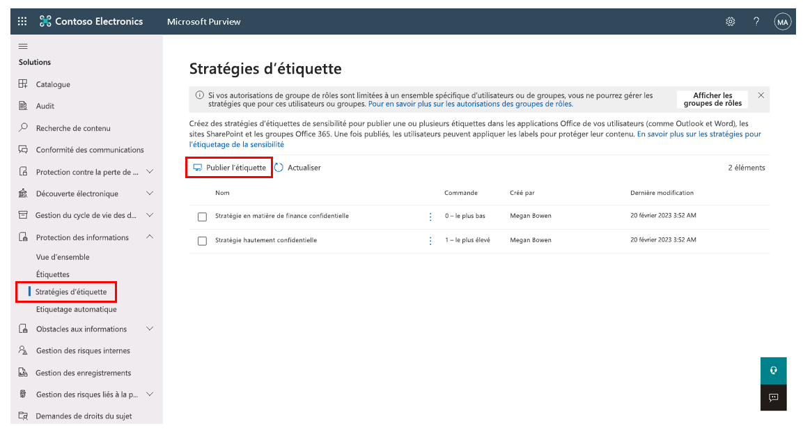 Capture d'écran de l'onglet Stratégies d'étiquetage de la page Protection de l'information montrant l'option de publication d'étiquettes en surbrillance.