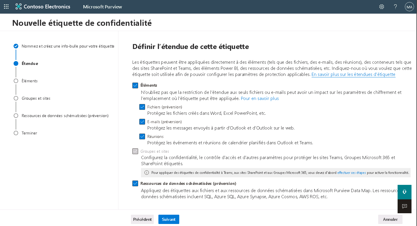 Capture d’écran de la page Définir l’étendue de cette étiquette dans l’Assistant Nouvelle étiquette de confidentialité.