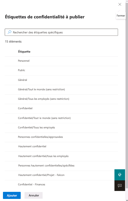 Capture d’écran du volet Étiquettes de confidentialité à publier.
