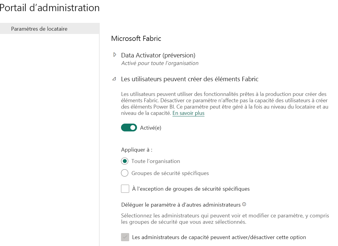 Capture d’écran de l’activation des paramètres Fabric dans le portail d’administration Fabric.