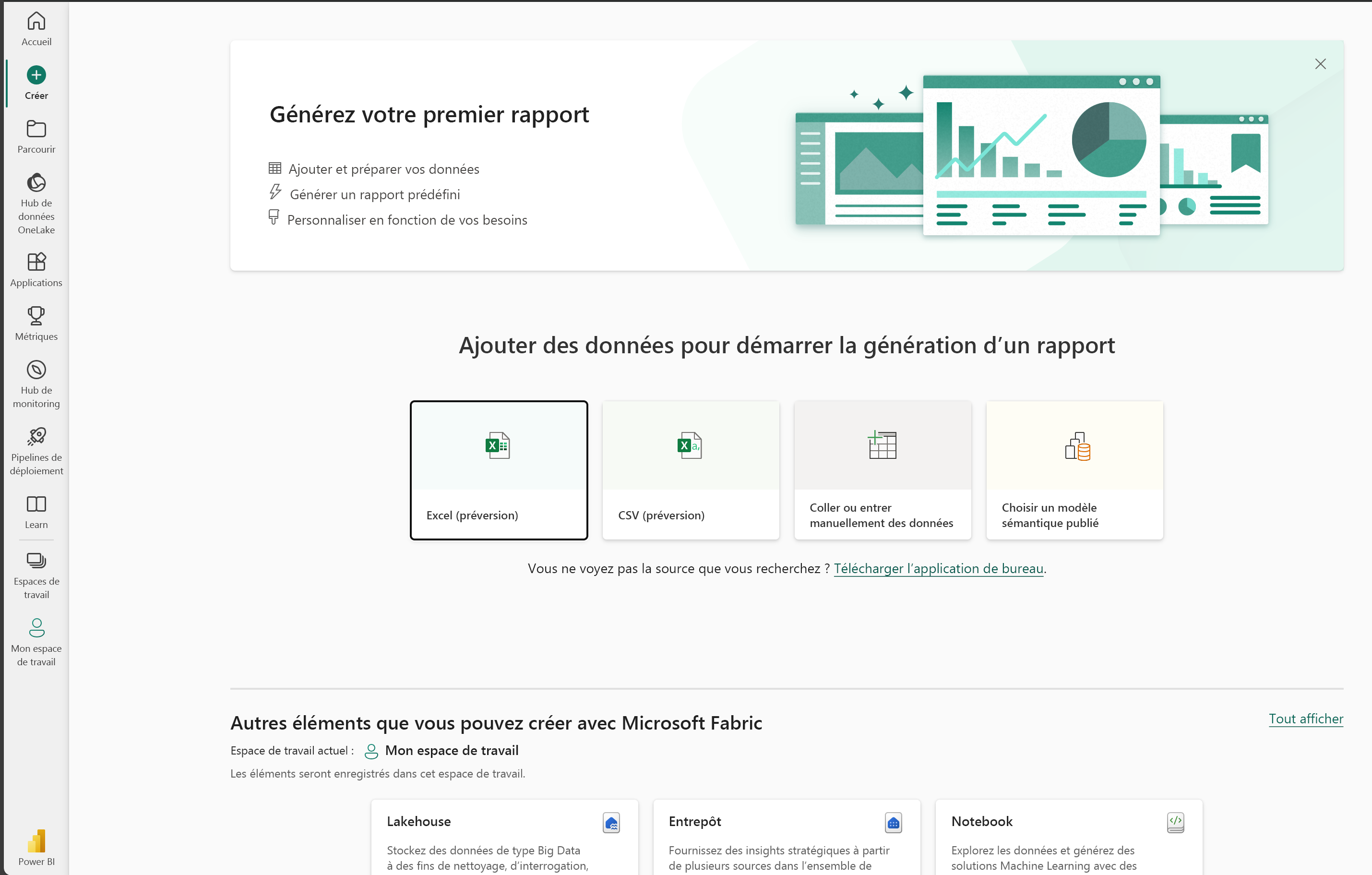 Capture d’écran du service Power BI avec le menu Créer mis en évidence dans le coin supérieur gauche de l’interface utilisateur.