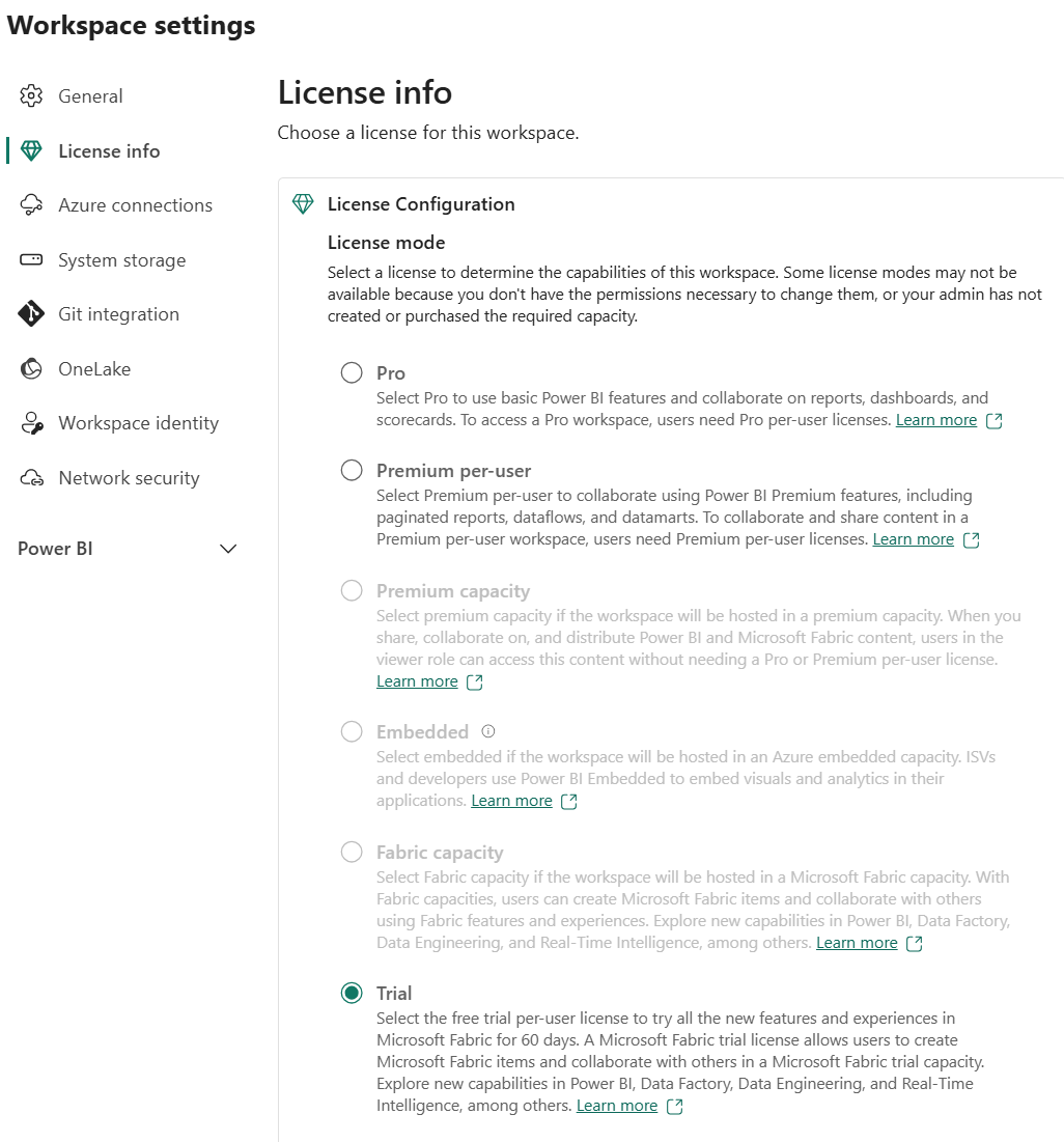 Capture d’écran des options de mode de licence de l’espace de travail, incluant Évaluation et Capacité Fabric.