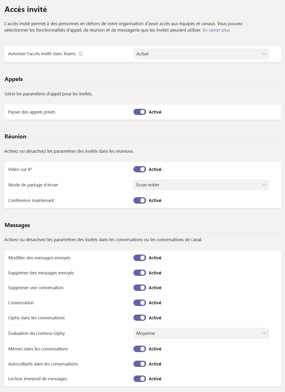 Capture d’écran des paramètres des autorisations d’invité dans Teams.