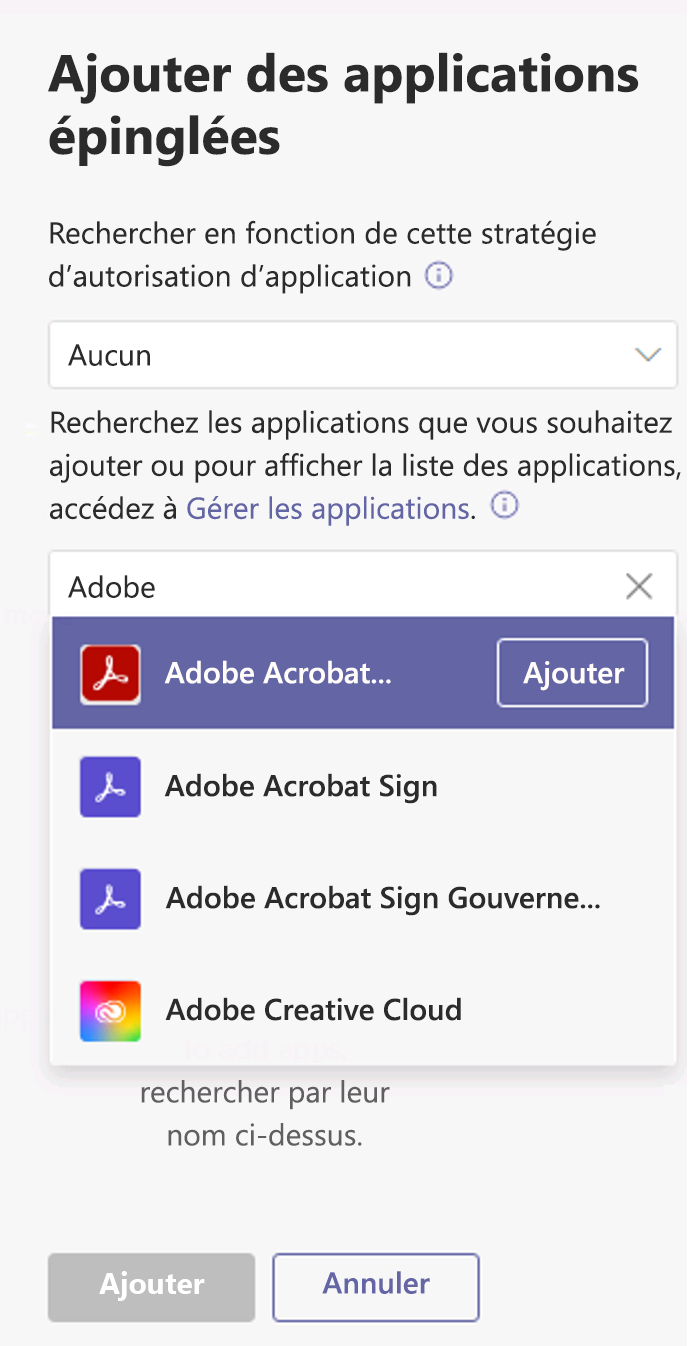  Capture d’écran affichant le volet Ajouter des applications épinglées.