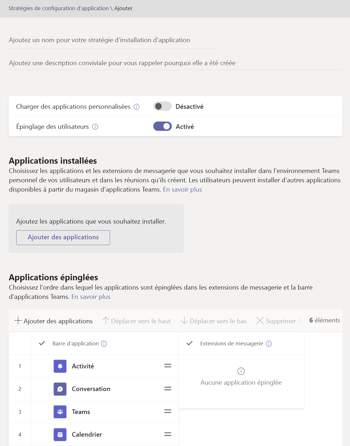  Capture d’écran affichant la page Ajouter des stratégies de configuration d’application.