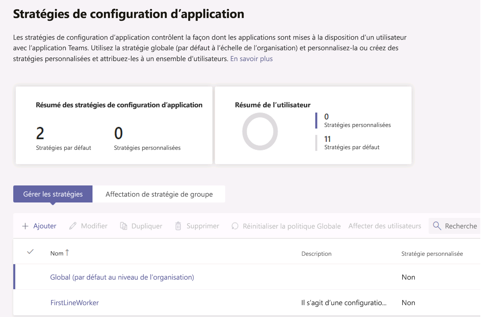  Capture d’écran des stratégies de configuration d’application.