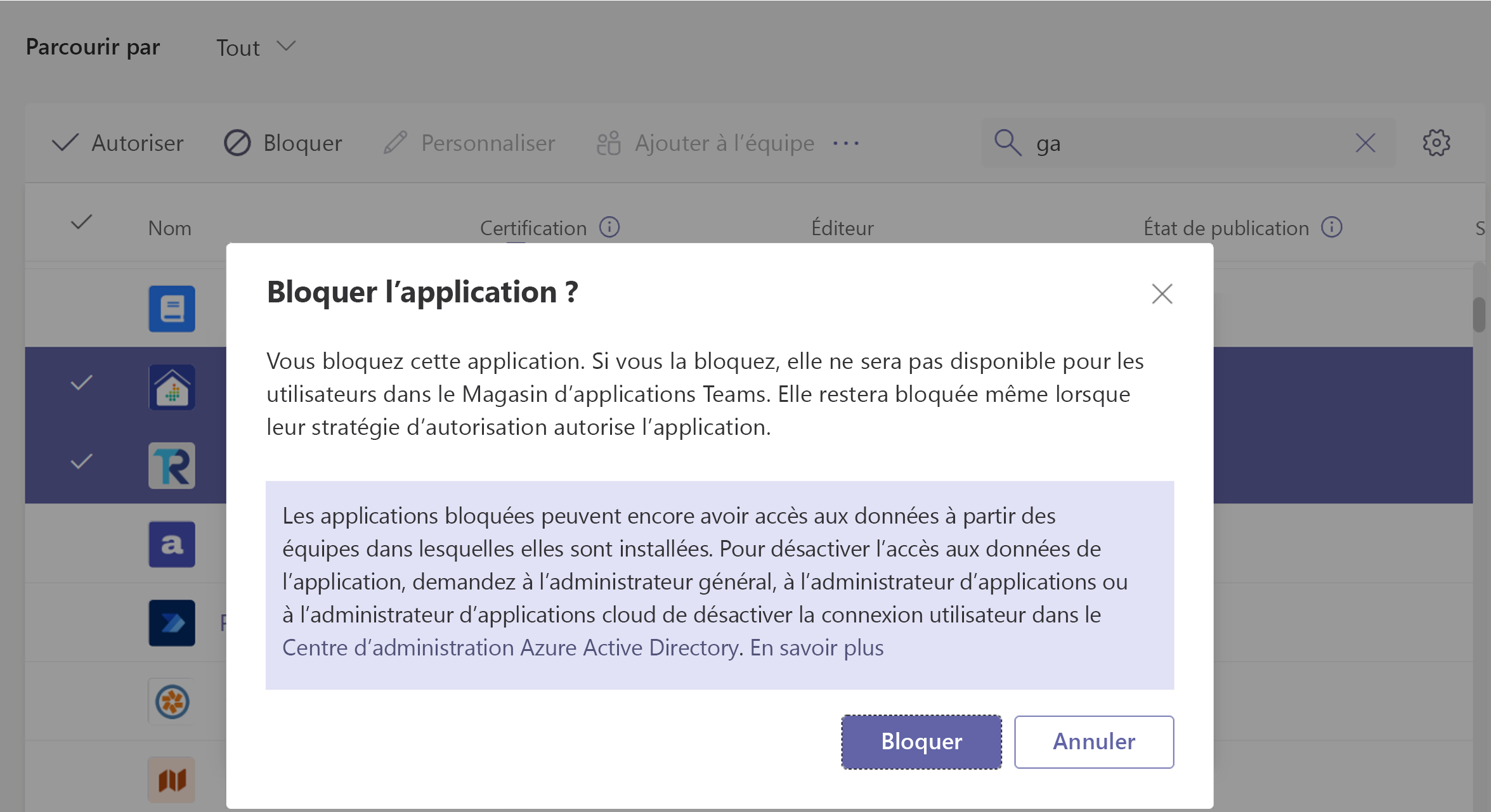  Capture d’écran du blocage d’applications à partir du Centre d’administration Teams.