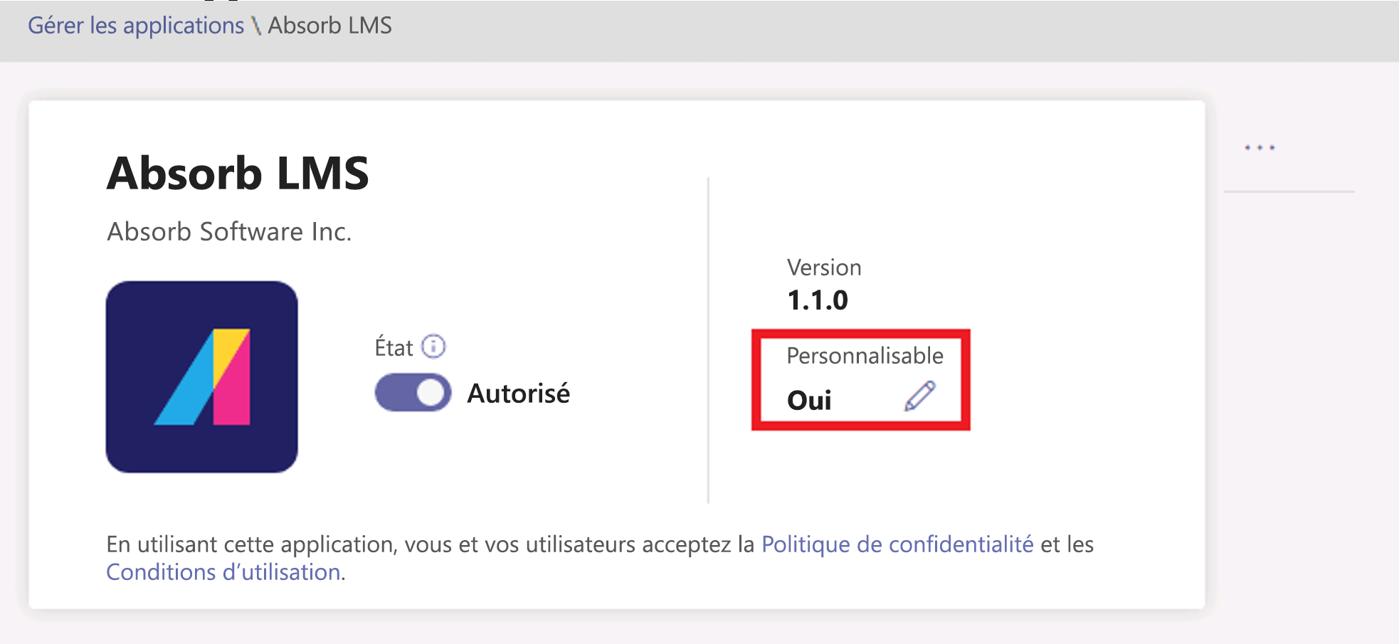  Capture d’écran de la page des détails de l’application personnalisable.